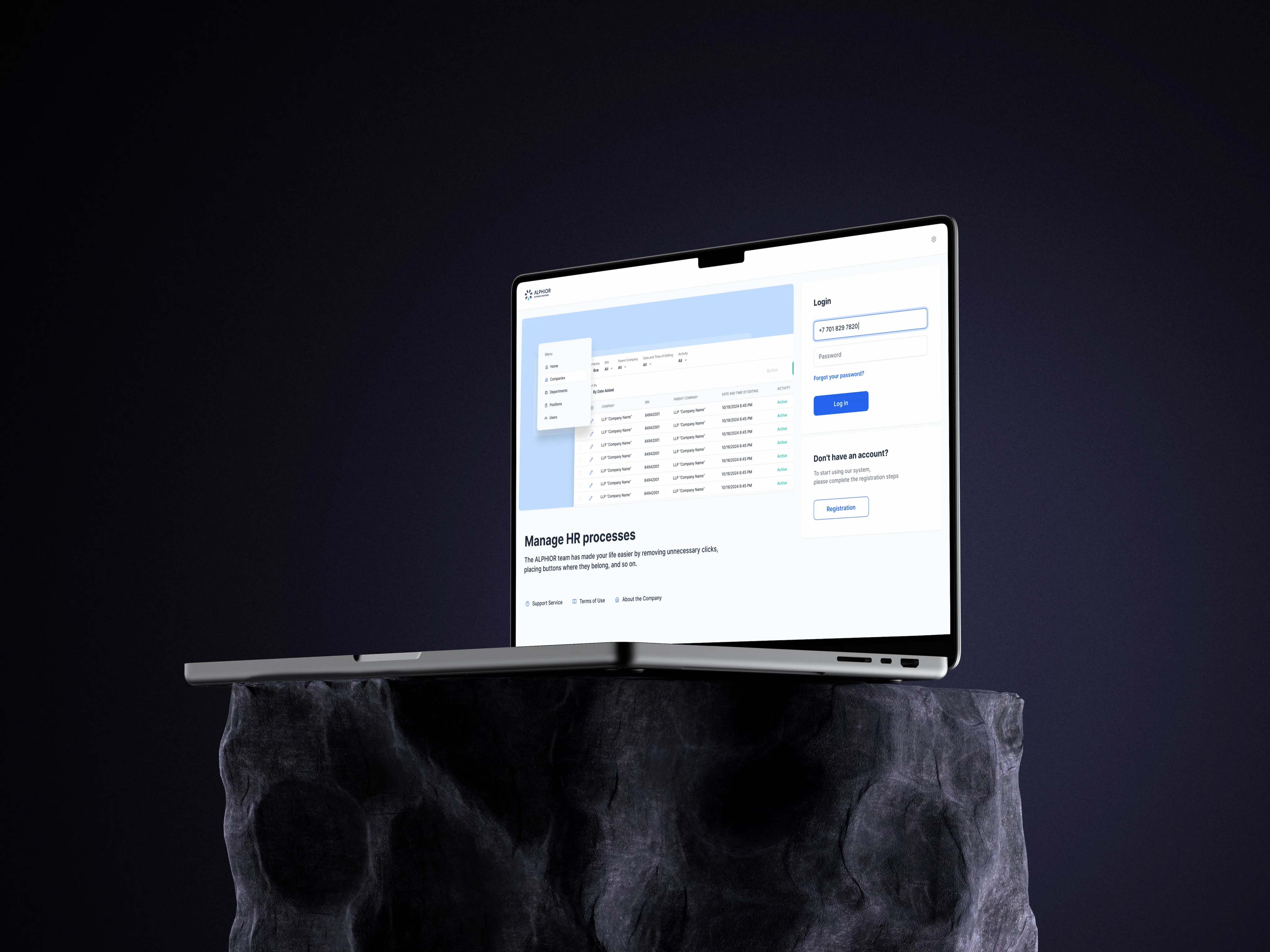 Alphior admin platform on a MacBook