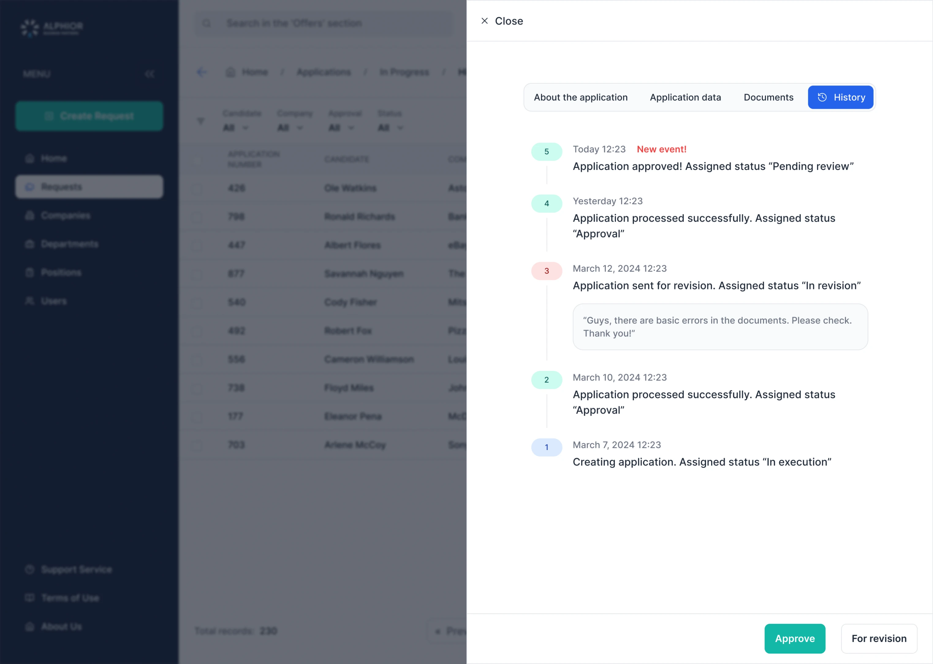 Alphior application approval history screen