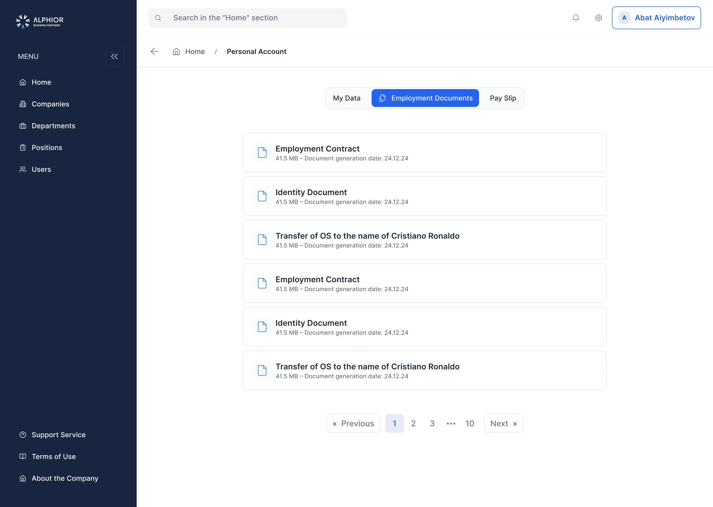 Alphior employment documents screen